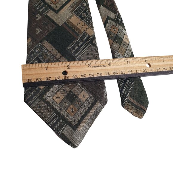 Marc Olivier Mod Geometric Patchwork Men Necktie Vintage Designer Jacquard Tan - Picture 3 of 5